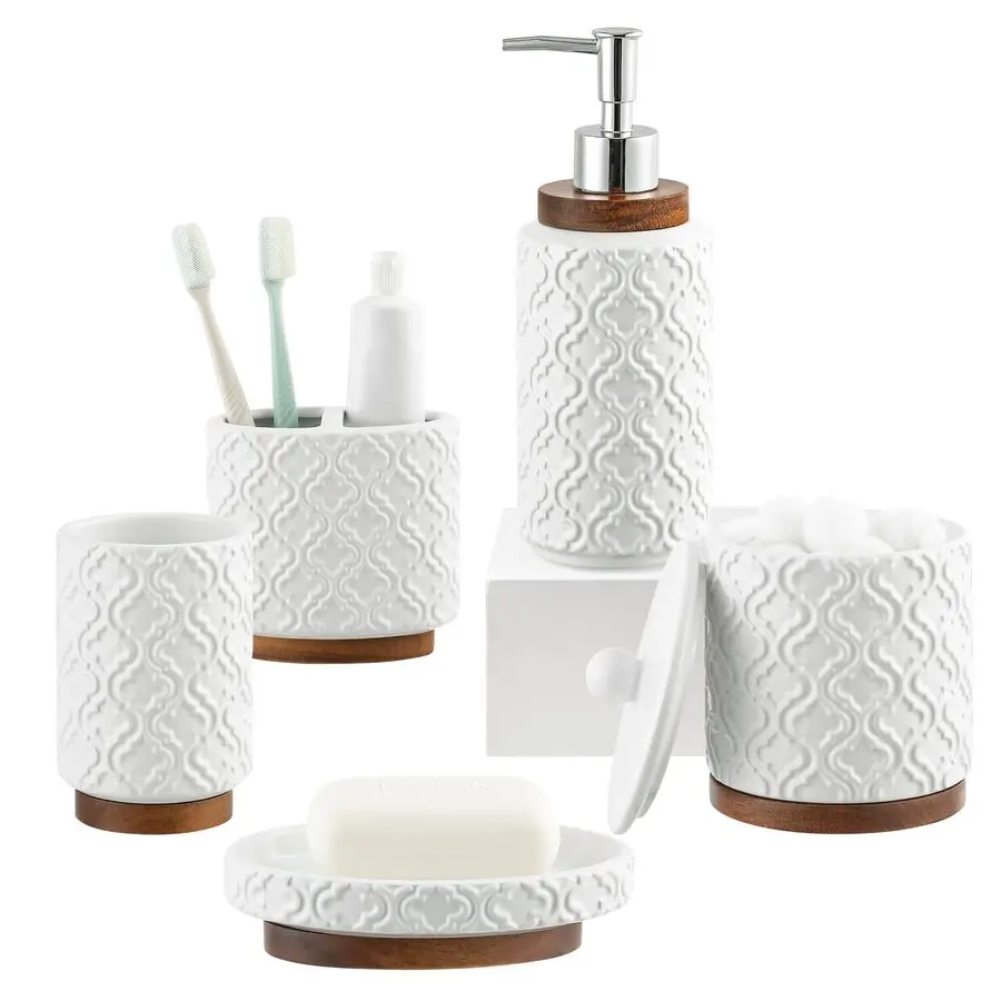 

Accessories Set 5 Pieces Toothbrush Holder Soap Dispenser Ceramic Bathroom Accessory Set Contain Cotton Swab Jar Toothbrush Cup