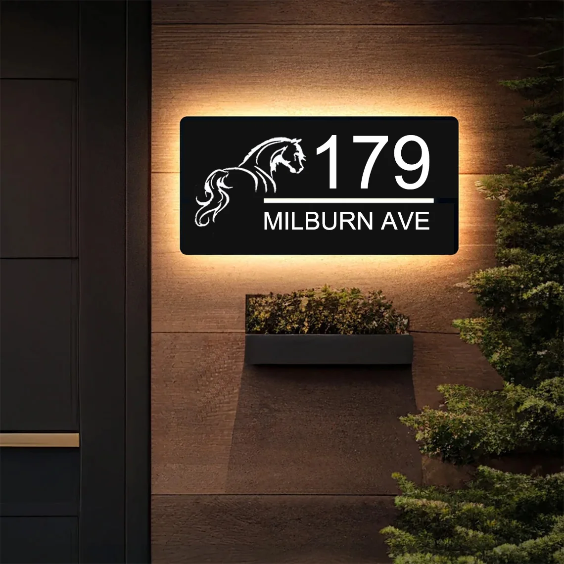 Modern Illuminated House Number Horse Pattern Decor House Street Address Number Sign Personalized BackLit Metal House Sign