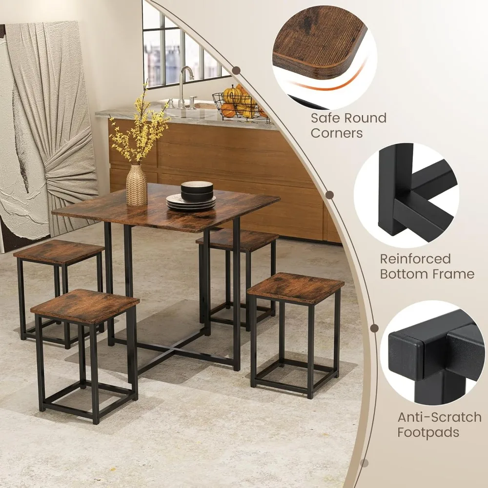 Dining Table Set for 4, Small Kitchen Table Set with Square Stools and Metal Frame, Perfect for Small Spaces, H