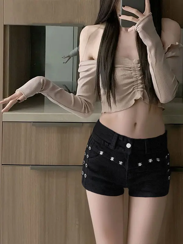 

Low Waist Dark Style Y2K Denim Super Short Shorts for Small Figures Summer Slimming Hot Pants Casual Pure Color Beaded Zipper