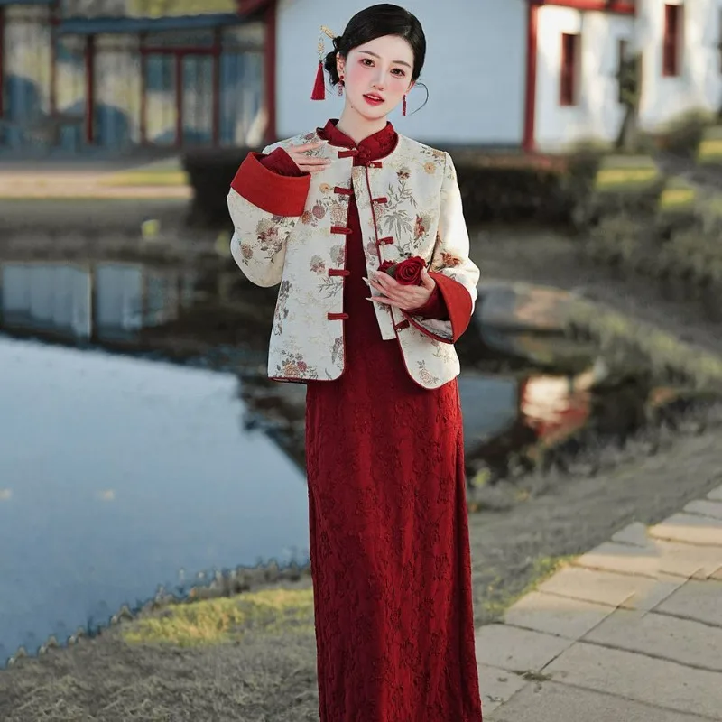 

Платье Cheongsam в китайском стиле, комплекты из двух предметов, женское осеннее новое модное жаккардовое пальто в стиле ретро, улучшенное Cheongsam-стойка