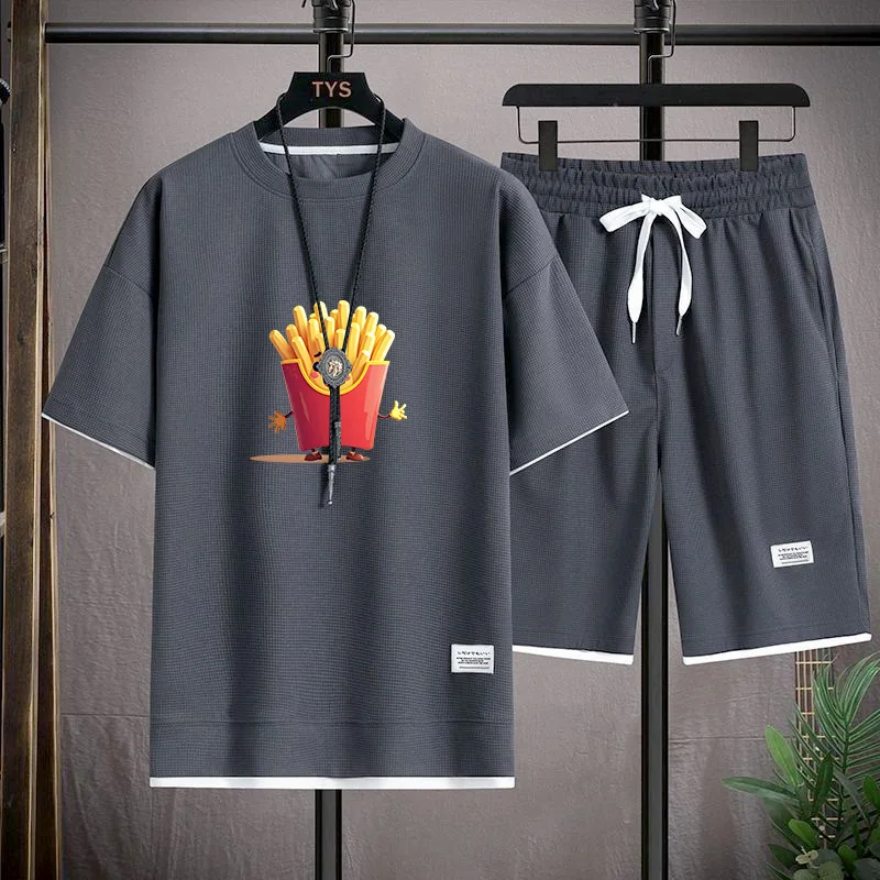 

Summer Ice Silk Loose ort Sve Boys Set Korean Sle Student Faion Casual Sports Polyester Five-Quarter Pants