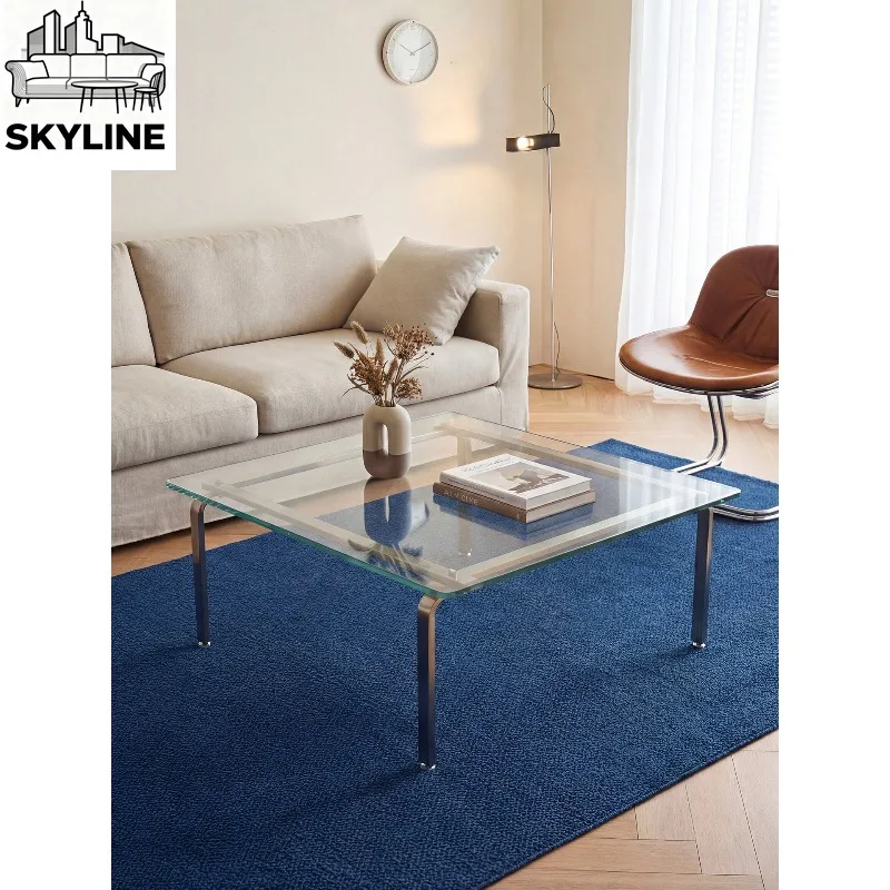 Square Glass Coffee Table, Stainless Steel Frame Simple Modern Side Table