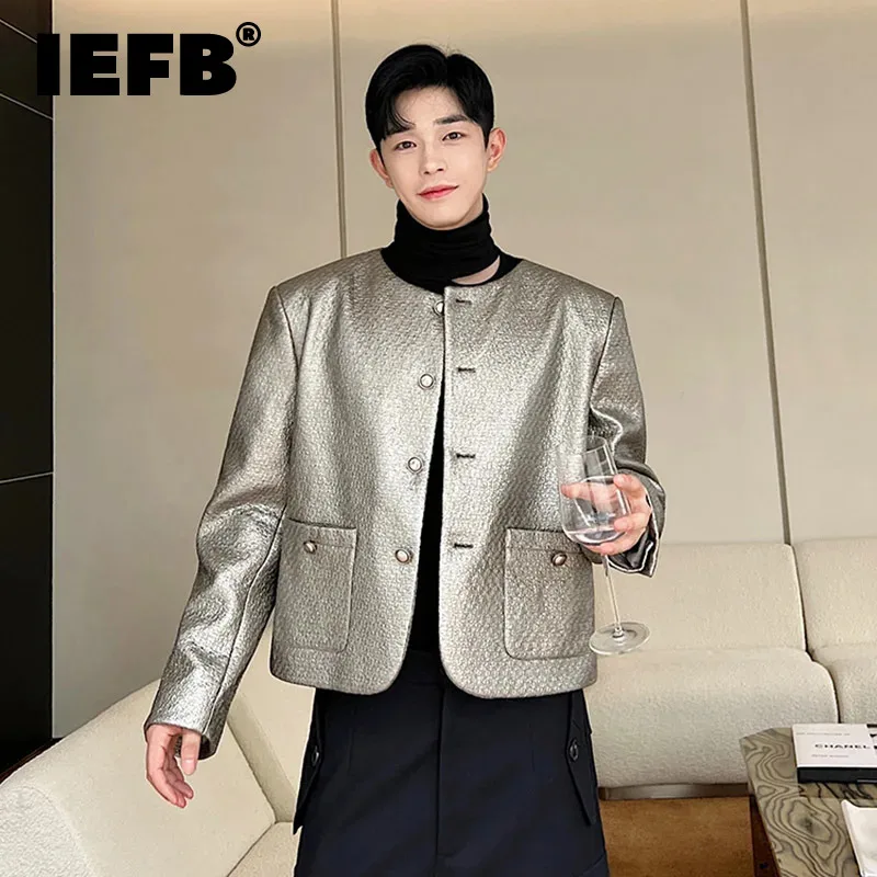 

IEFB Male PU Leather Jackets Korean Stylish Collarless Solid Color Pocket Men's Short Coats Casual Spring New Trendy 2024 9C1481