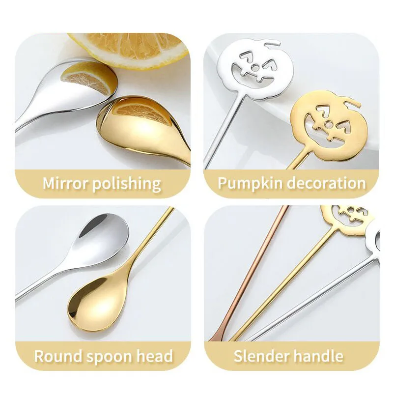 50pcs Cute Cartoon Pumpkin Samll Coffee Tea Mixing Stirring Spoon Scoop High Quality 304 Stainless Steel Tiny Dessert Cake Spoon