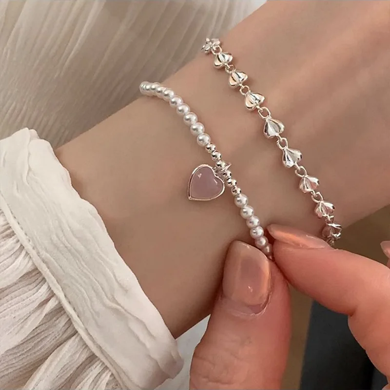 

925 Sterling Silver Bracelet For Women Love Heart Pink Crystal Pearl Bead Cute Minimalism Bracelet Jewelry Gift Dropshipping