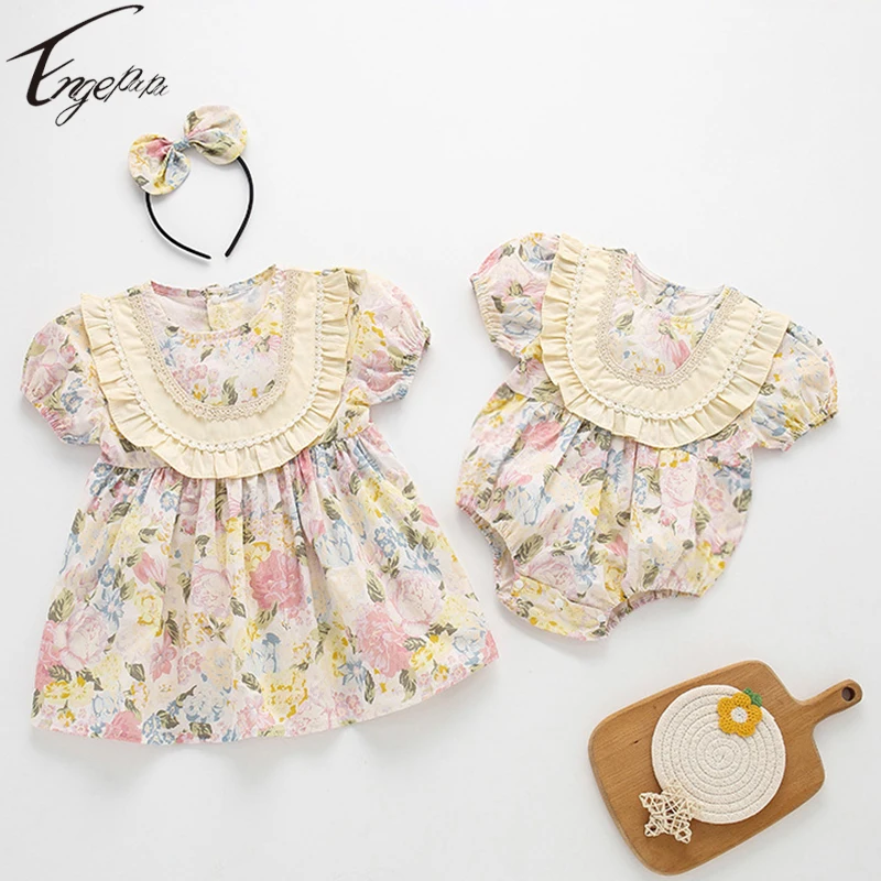 Princess Toddler Infant Baby Girls Short Sleeves Floral Romper Summer Girls Flowers Sweet Dress Girls Sister Clothes