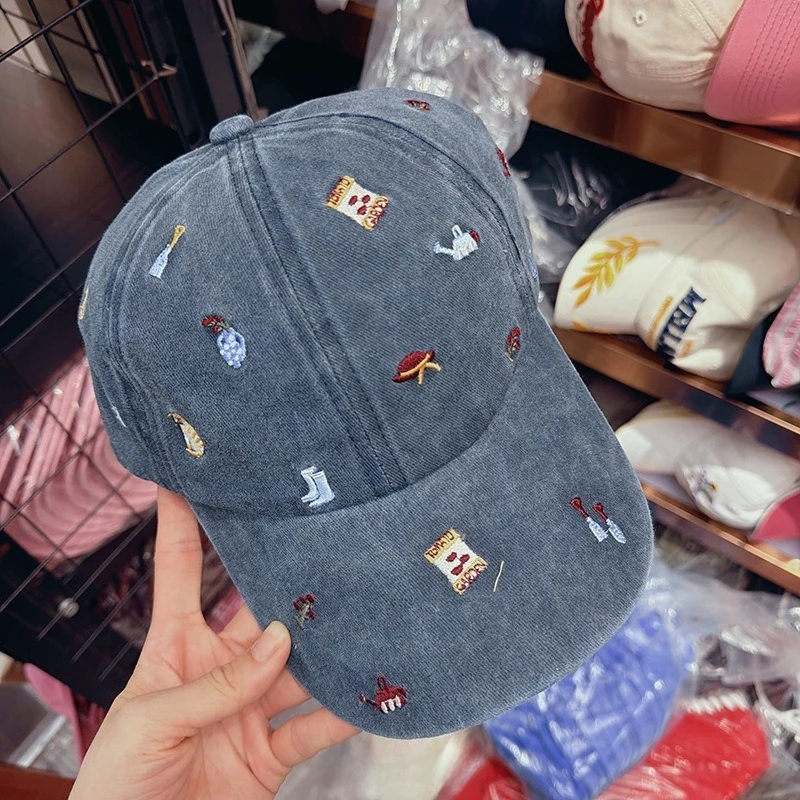 Cute Cartoon Food Embroidery Baseball Cap Women Men Vintage Washed Denim Baseball Cap Adjustable Duckbill Hat Casual Travel Hat