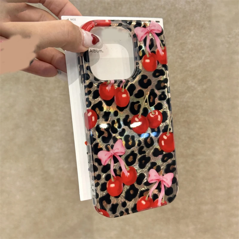 INS Cute Bowknot Leopard Print Cherry Bowknot Phone Case For iPhone 16 15 14 13 12 Pro Max Laser Protective Back Cover Funda