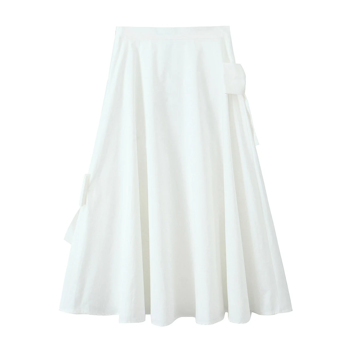 TRAFZA Elegant Simple Bow Embellished Skirt Women's A-Line Solid White Skirt New 2024 Autumn Fashion Minimalist Romantic Skirt