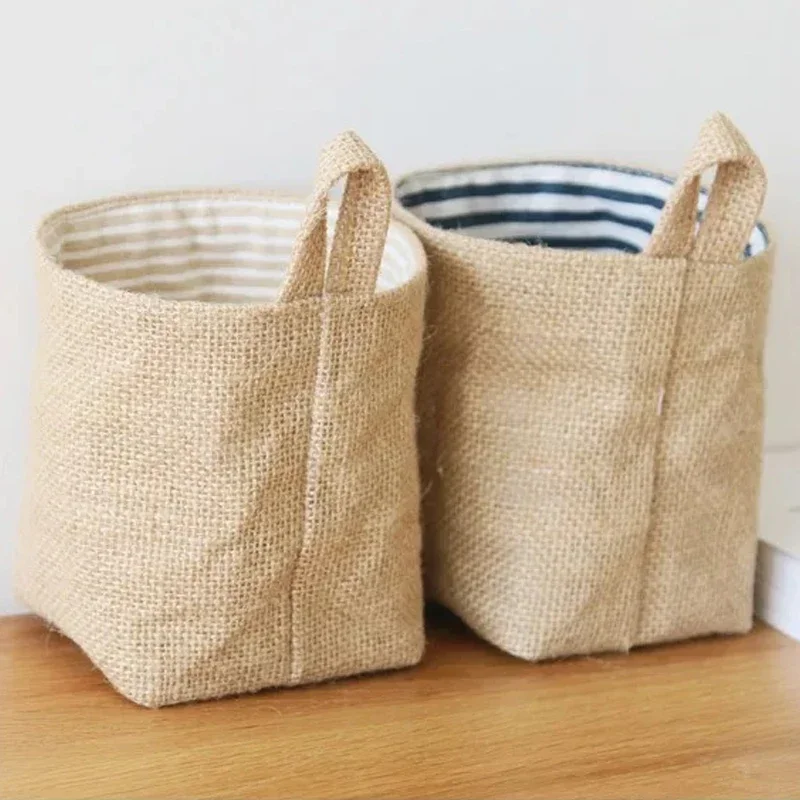 Cotton Linen Storage Basket Hanging Pocket Jute Bag Small Sack Sundries Desktop Storage Box With Handle Cosmetic Storage Bag