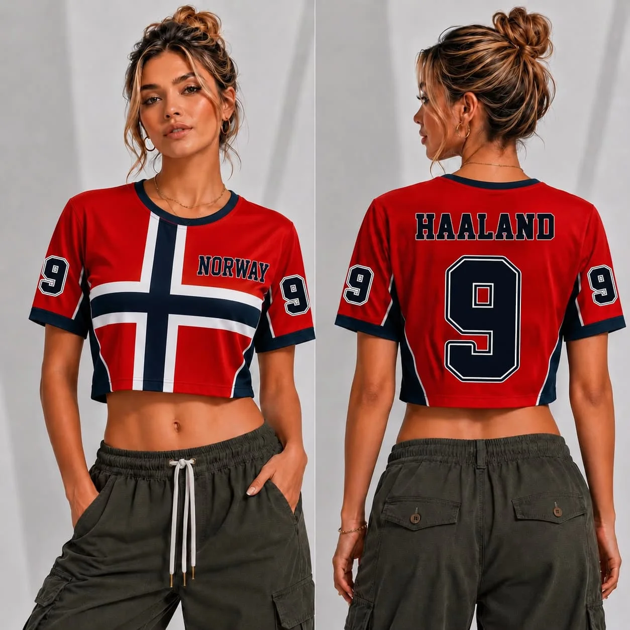 2026 Sommer Neuer Norwegischer Stil Bedrucktes Sport-Trikot Damen Rundhals Kurzarm-Trikot Cheerleader Crop Top Lässiges T-Shirt