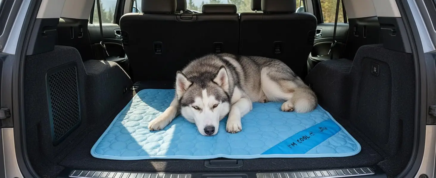 husky lying in the cargo area trunk on a cooling mat