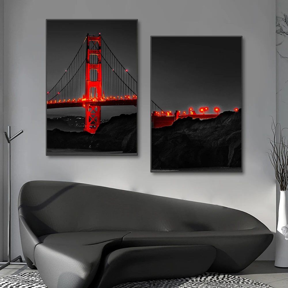 3PCS Frameless Poster Golden Gate Bridge Night Landscape Canvas Painting Wall Art Prints Pictures for Living Room Home Decor view 3