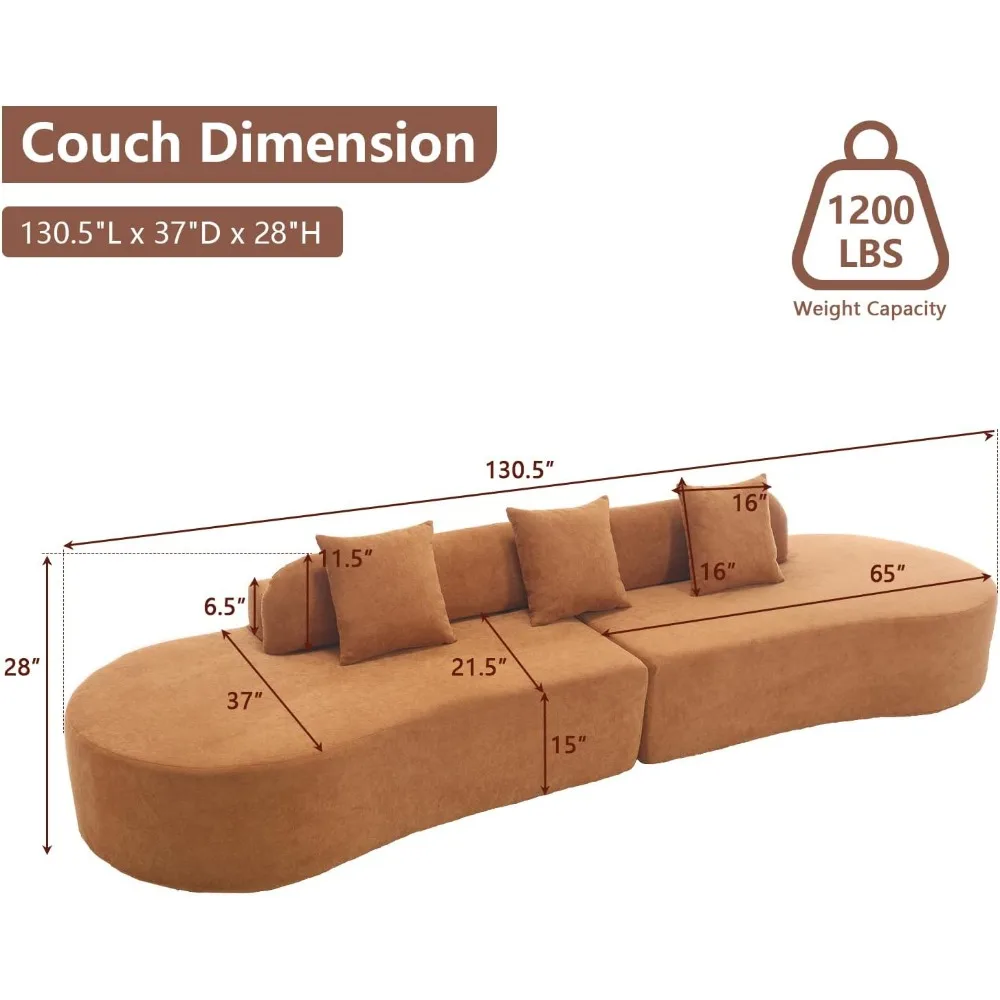 130.5-inch Modern Curved Floor Combination Sofa, Deep Seated 4-seat Oversized Towel Cloth Fabric Sofa with 3 Pillows