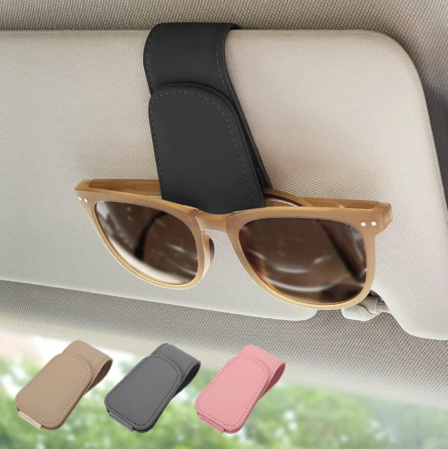 

Leather Sunglass Holder for Car Sun Visor with Magnetic Clip, Holds Eyeglasses and Cards