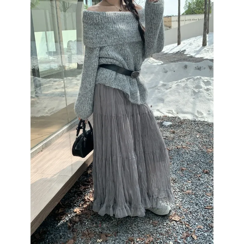 

Lazy Style Mesh 2025 Autumn and Winter New Design High Waist A-line Mid-length Skirt