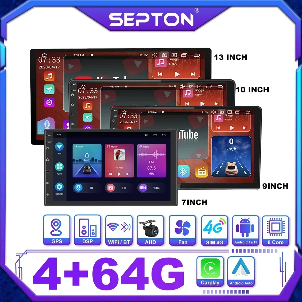 

SEPTON Android 12 Универсальный 7 9 10 13-дюймовый автомобильный радиоприемник с сенсорным экраном для Volkswagen Nissan Hyundai Kia Toyota Kia 2 Din Car Audio
