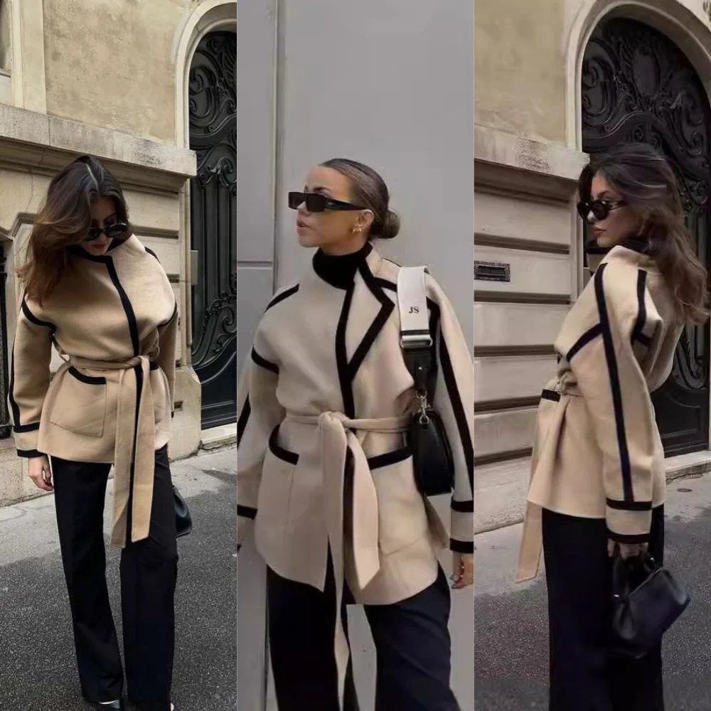 

Casual Lace Up Women's Coat Cardigan Long Sleeve Winter Outerwears Fashion High Street Elegant Warm Jacket Female Commut Coats