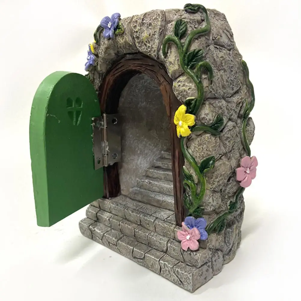 

Miniature Fairy Garden Solar Stone Door Weatherproof Resin Statue Miniature Fairy Gate for Gardens, Trees Flower Beds