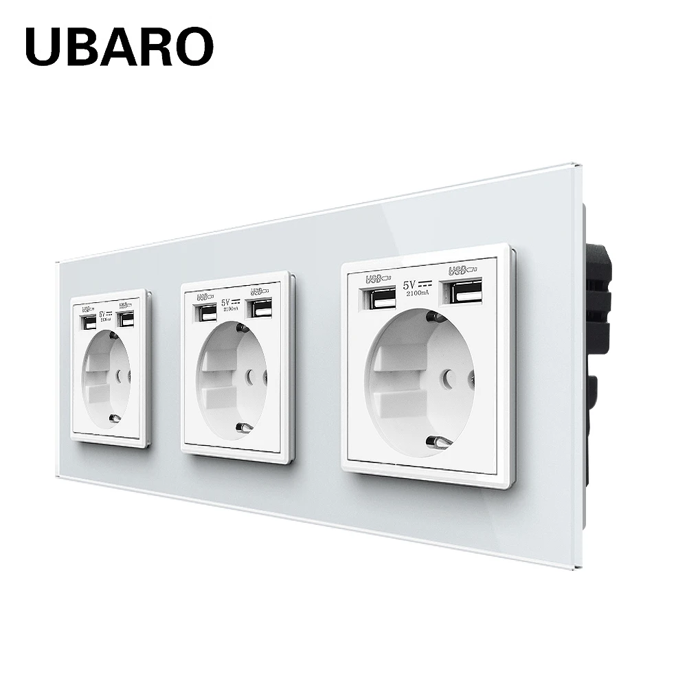 UBARO EU Standard Triple Wall Socket With USB Electrical Outlet Power Plug AC110-250V 16A 258mm Crystal Tempered Glass Panel