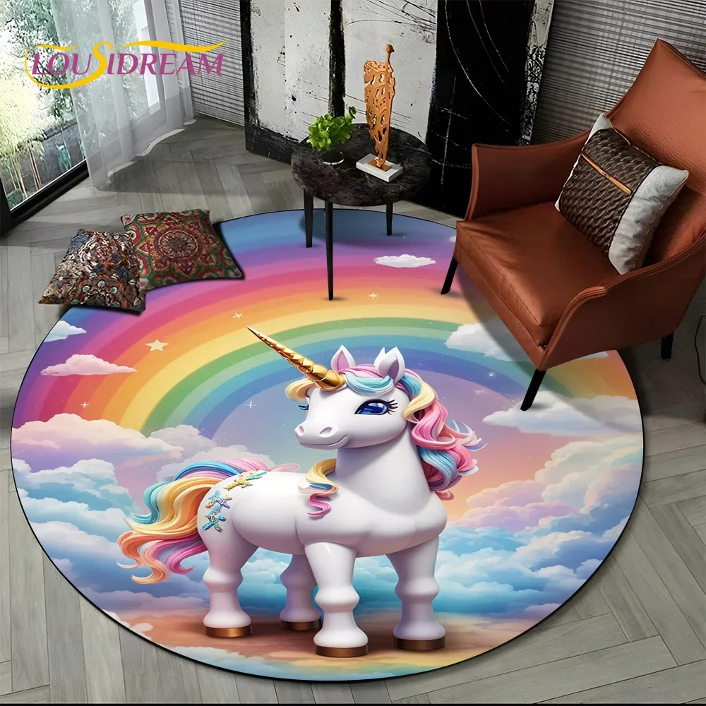 3D Cute Dream Unicorn Cartoon Girl Round Carpet Rug for Living Room Bedroom Sofa Decor,Kids Pet Area Rug Non-slip Floor Mat Gift