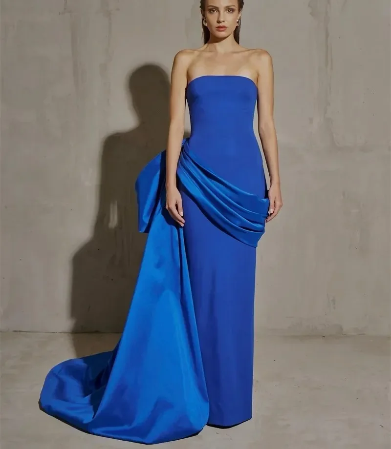 

Новое современное вечернее платье королевского синего цвета 2026 года, без бретелек, плиссированное, без рукавов, из атласа, фасон «русалка», для выпускного вечера, торжественных мероприятий и конкурсов красоты