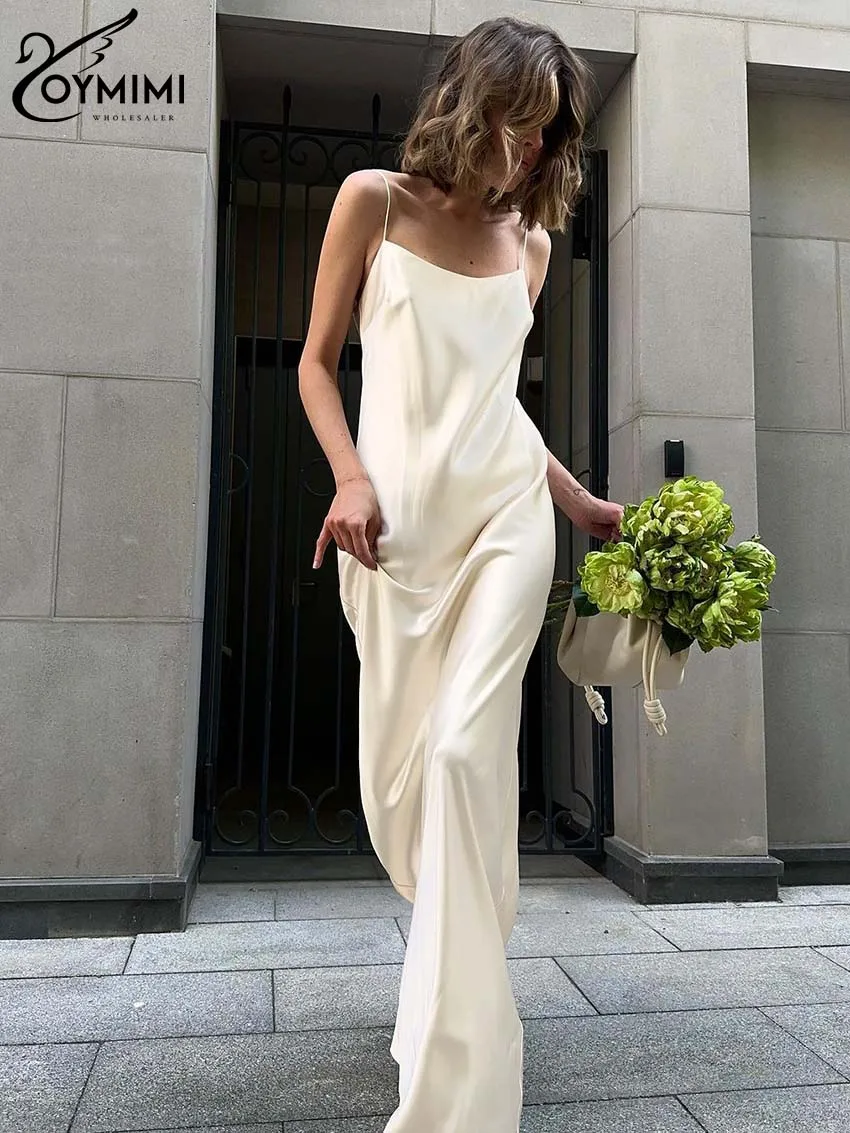 Oymimi Casual Apricot Slim Women\'s Dress Fashion Spaghetti Strap Straight Dresses Elegant Solid Floor-Length Dresses Streetwear