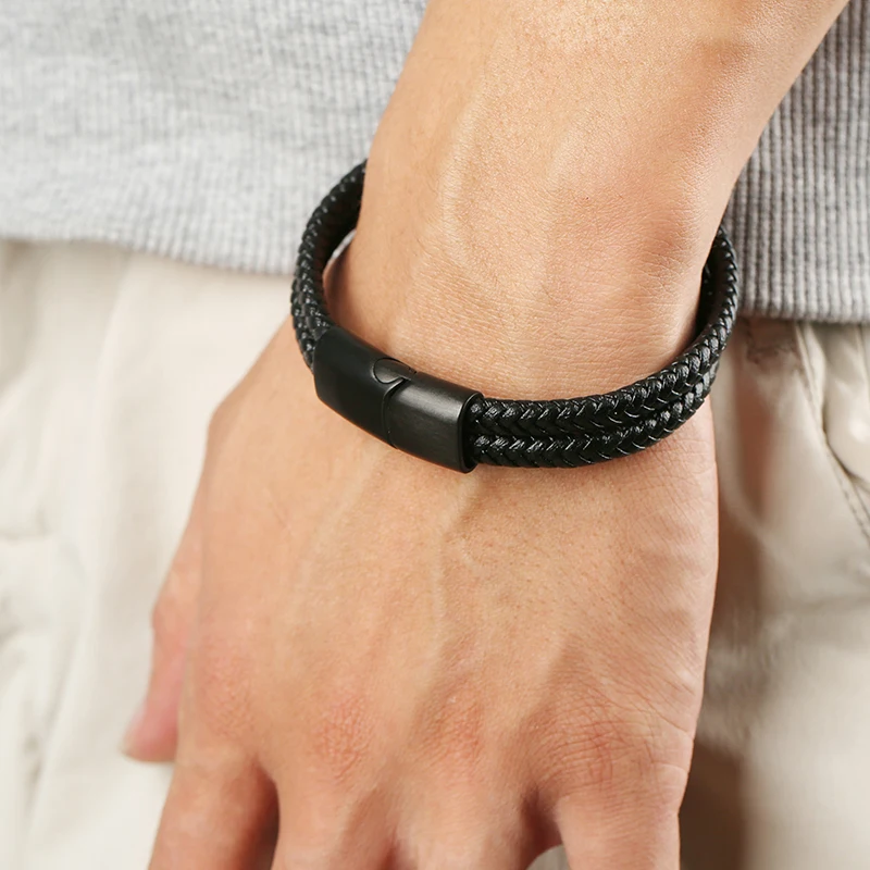 150pcs Men Stainless Steel Leather Bracelets Vintage Double Layer Braided Leather Bracelet Punk Charm Fashion Jewelry Wholesale