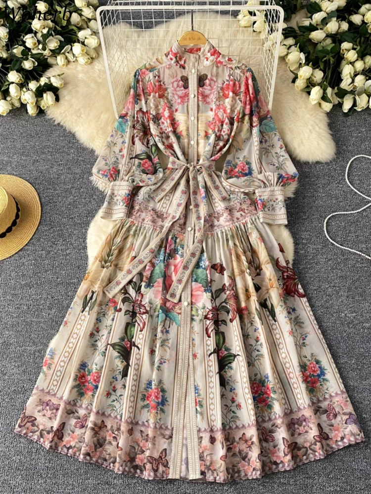 Bohemian Woman Dress Vintage Stand Neck Print Robe Femme Lantern Sleeve Bandage Temperament Sweet Dresses 2024 Vestidos De Mu Wj