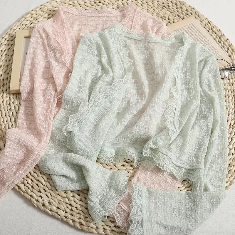 Bijgesneden roze kanten shirts damesmode pure witte blouses met lange mouwen zomer Koreaanse casual all-match tops