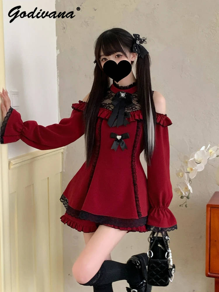 

Japanese Style Mass Production Autumn New Off Shoulder Sweet Bow Long Sleeve Shirt Dress and Shorts Two Piece Set Lolita Outfits