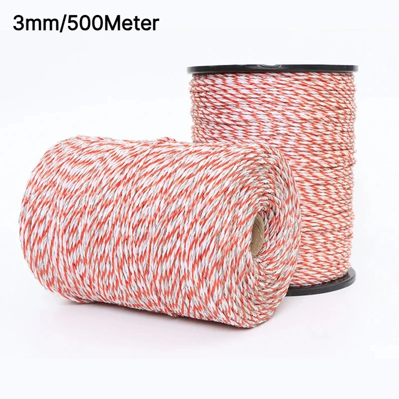 3mm 500M/Roll Electric Fence Rope Polywire With Steel Poly Rope For Horse Animal Fencing Ultra Low Resistance Wire Accessory