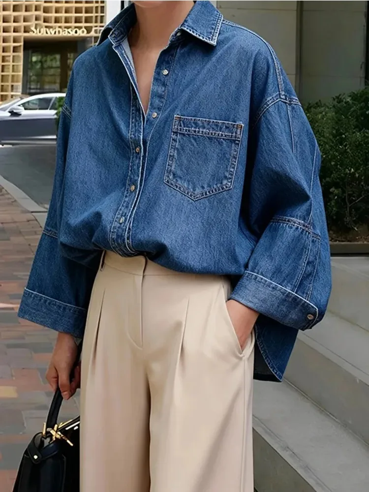 

2026 New Women's Vintage Blue Oversized Long Sleeve Denim Shirt Elegant Casual Work Top for Office Daily Commute Blouse