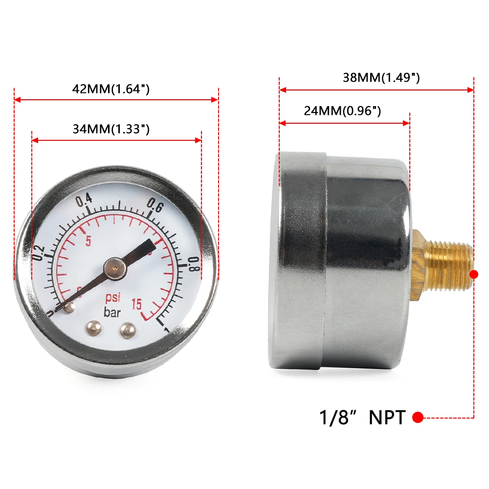 MUGE-0-15PSI 0-1Bar Universal Stainless Double Scale Pressure Gauge 1/8NPT 3/8NPT Connector For Fuel Injections Systems CAP026