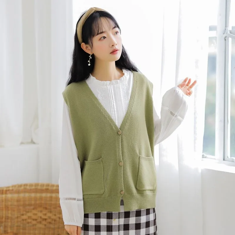 Sweater Vest Women Knitted Loose Fit V-neck Korean Fashion Autumn Comfortable Outwear Gentle Stylish Elegant Classic Simple Ins