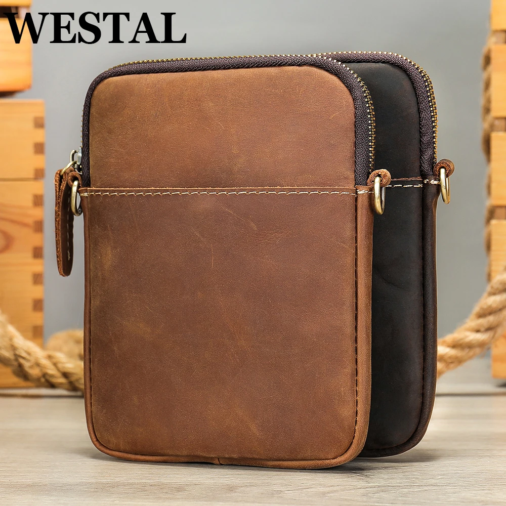 

WESTAL Crazy Horse Leather Crossbody Bags Male Genuine Leather Shoulder Bags Small Phone Purse Men Designer Mini Bags New 2023