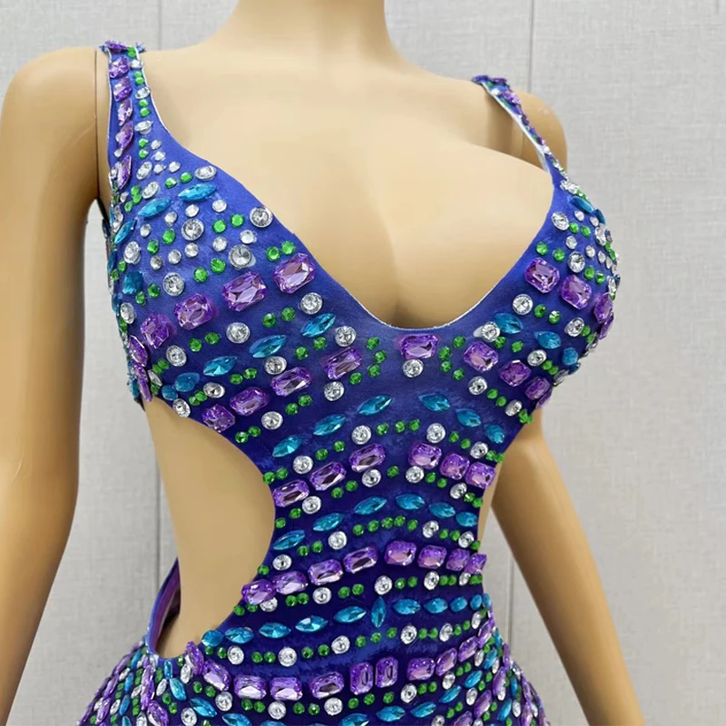カラフルなラインストーンイブニングドレス衣装女性の誕生日祝う衣装ジャズダンスドレスステージパフォーマンス衣装 XS8130