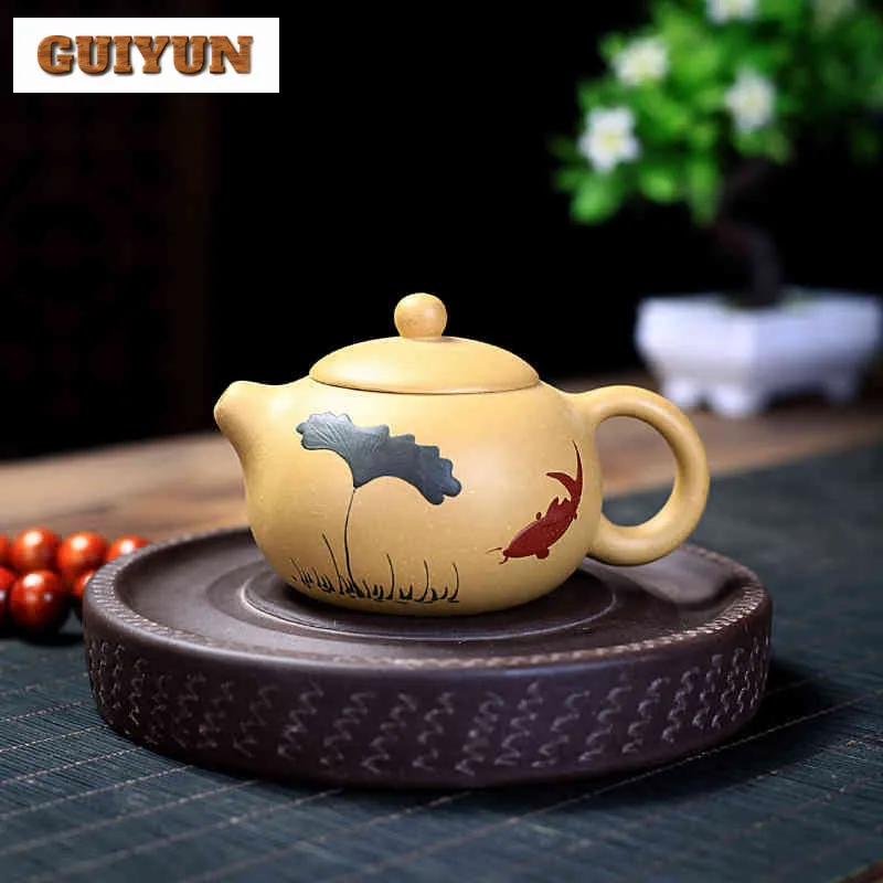 

200ml Exquisite Yixing Purple Clay Teapots Handmade Xishi Fish Pot Raw Ore Gold Section Mud Tea Making Kettle Zisha Teaset Craft