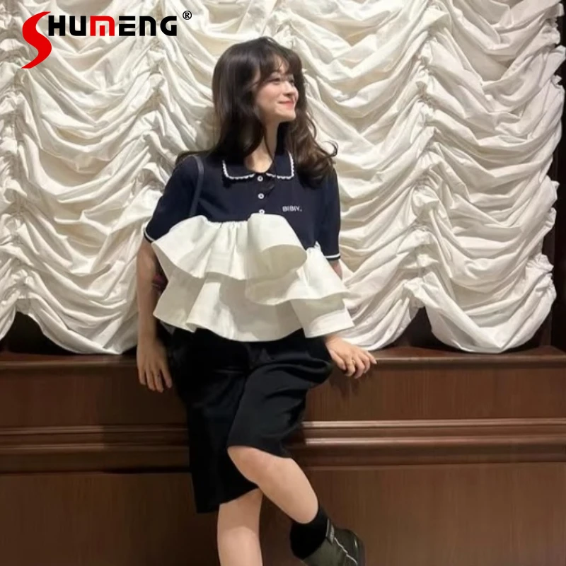 

2026 Spring Summer Sweet Fashion Ruffled Patchwork Navy Blue Shirt for Women Japan Style Letter Embroidery Short Sleeve T-Shirt