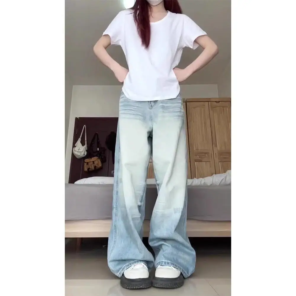 

Large Size American Sle Faded Blue Jeans Women's Loose Slim Wide Leg Floor-Length Pants High Waist Cotton Polyester Blend
