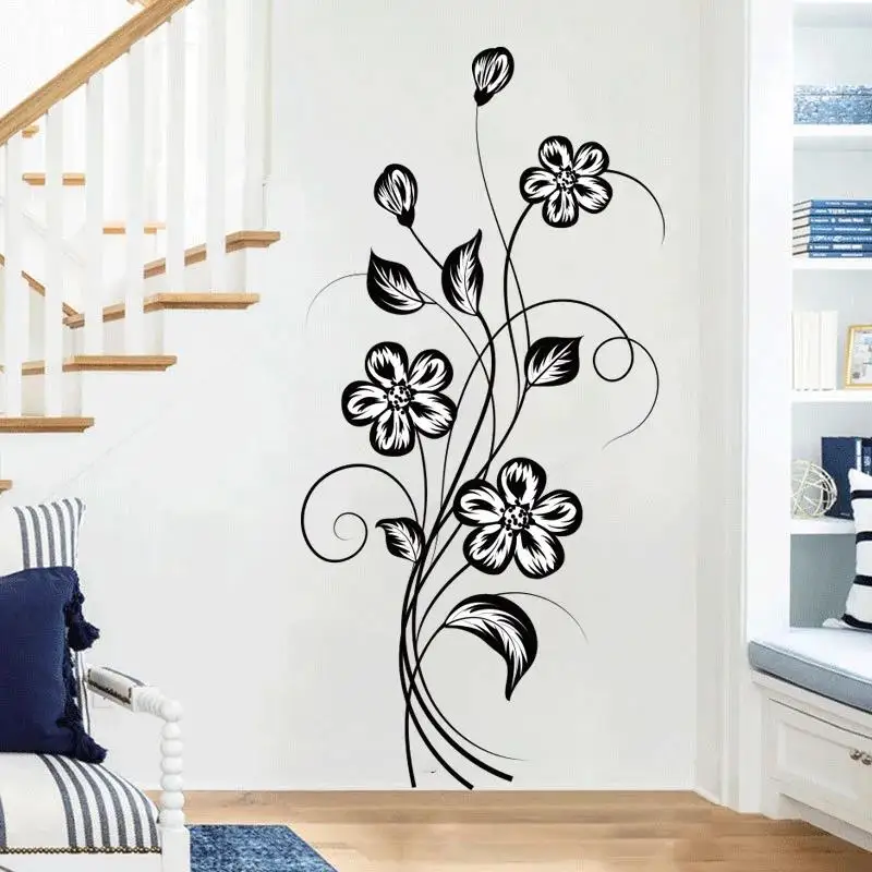 Pegatinas de pared de Flores Negras de ambiente vibrante, papel tapiz de arte autoadhesivo, decoración de sala de estar, dormitorio, arte de vinilo