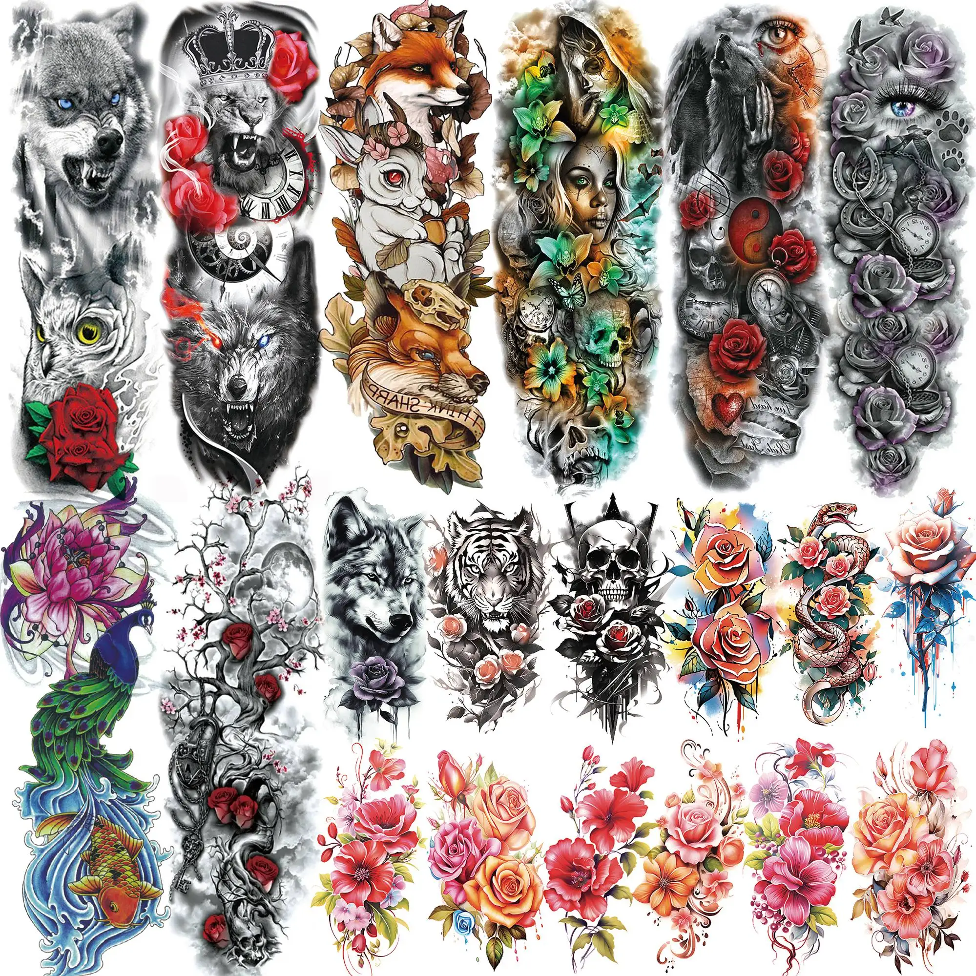 1 feuilles aquarelle renard Lion loup nonne tatouages temporaires pour femmes adultes à manches longues fleur faux tatouage autocollant étanche Temp