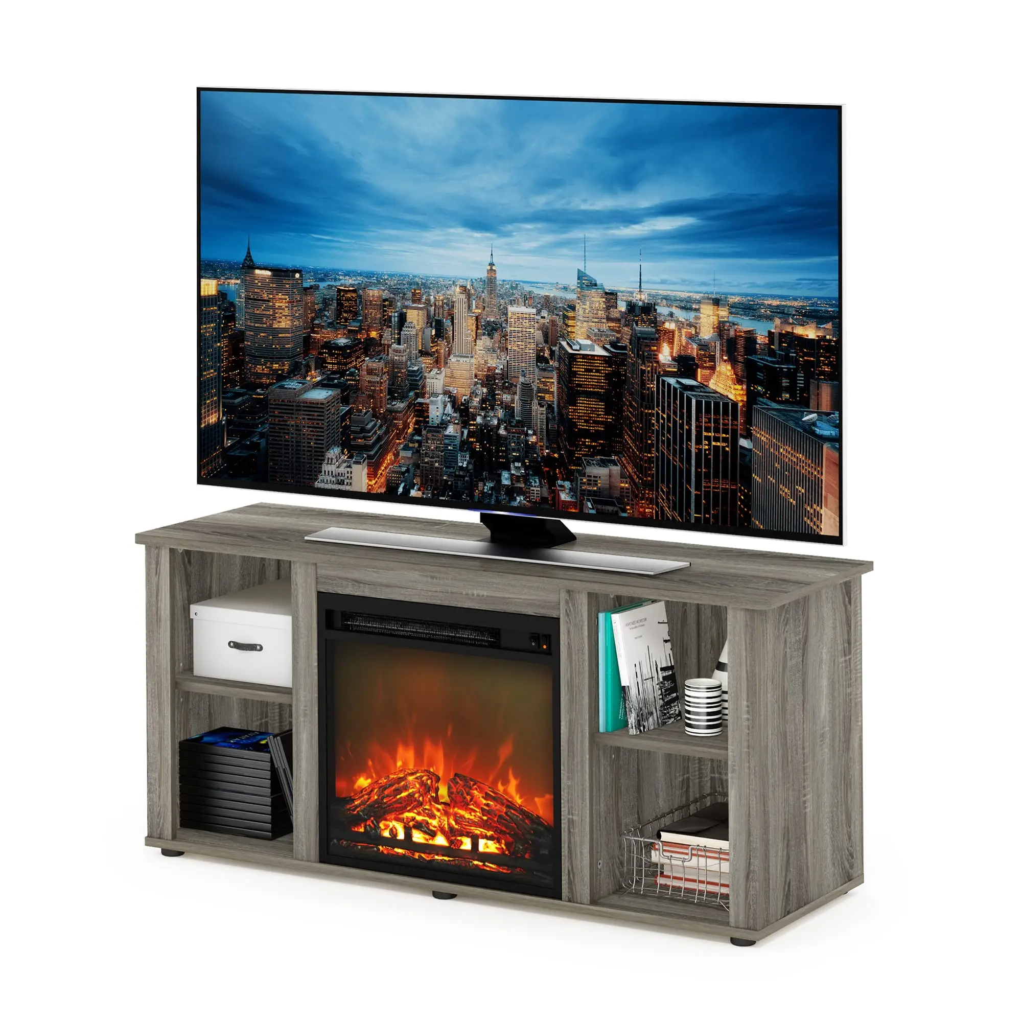 Jensen Fireplace Entertainment Center TV Stand with Open Storage for TV up to 55 Inch, French Oak Grey