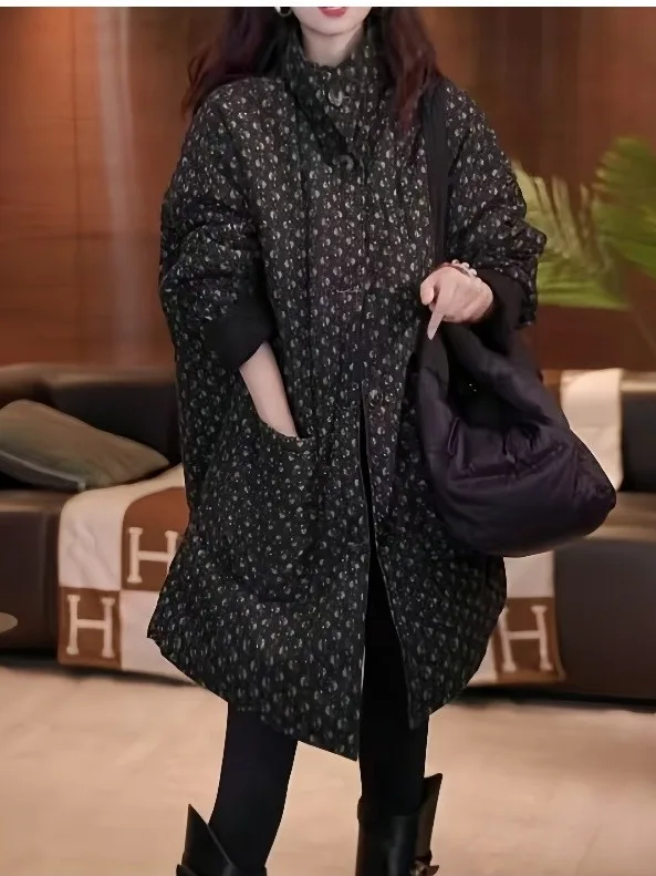 

Retro Print Double-Sided Wearable Thiened Cotton Jaet Women's Winter Faion Loose Slimming Coat Long Sve Stand Collar