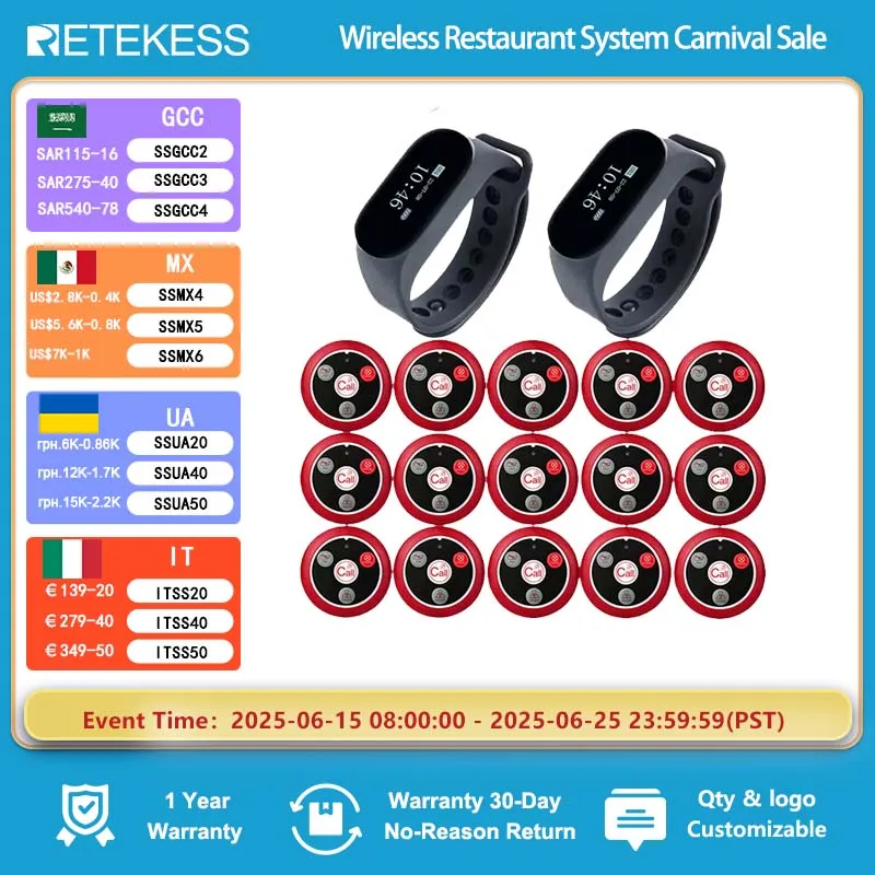

RETEKESS Restaurant Pager Wireless Waiter Calling System TD112 Waterproof Watch Pager Receiver T117 Call Buttons for Cafe Bar