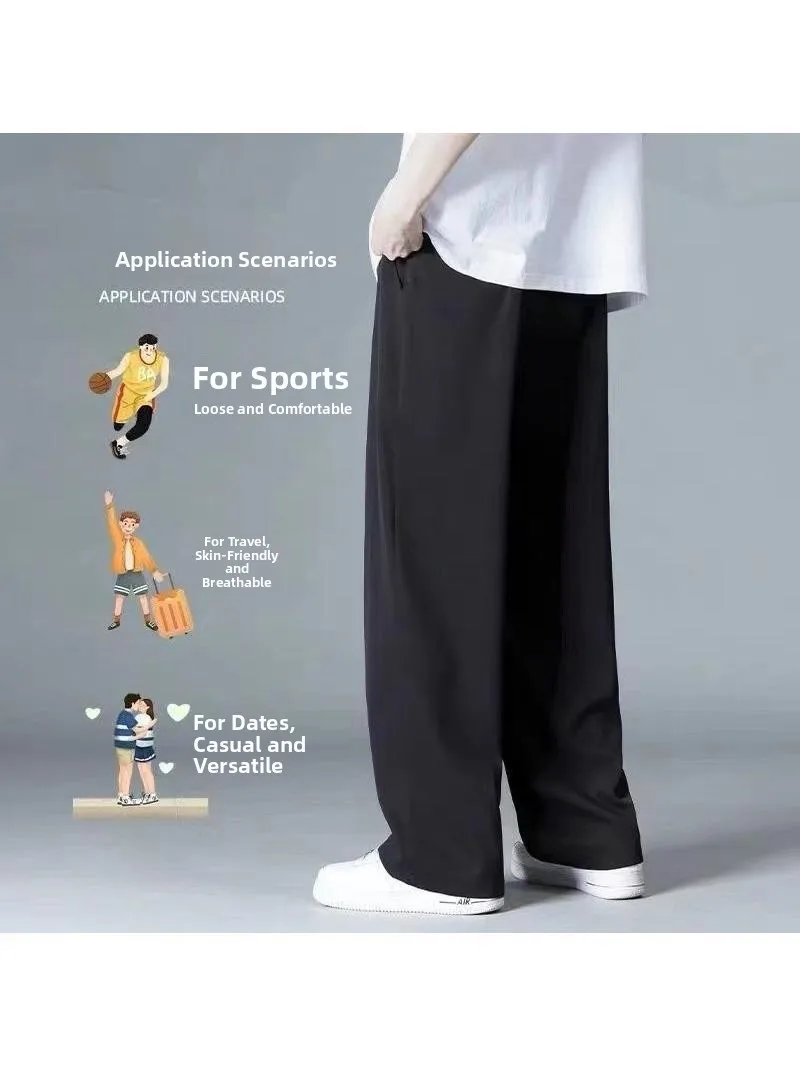 Pantaloni a gamba dritta in seta di ghiaccio Pantaloni estivi da uomo sottili Qui Dry Spor Pantaloni casual a gamba larga Pantaloni lunghi a vita alta Colore Bla