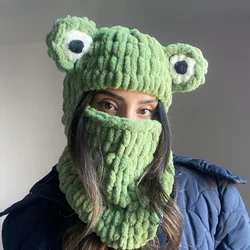 Combhasaki Women's Y2K Hooded Scarf Hats Cute Animal Ears Knitted Pullover Balaclava Winter Warm Beanie Cap for Cold Weather