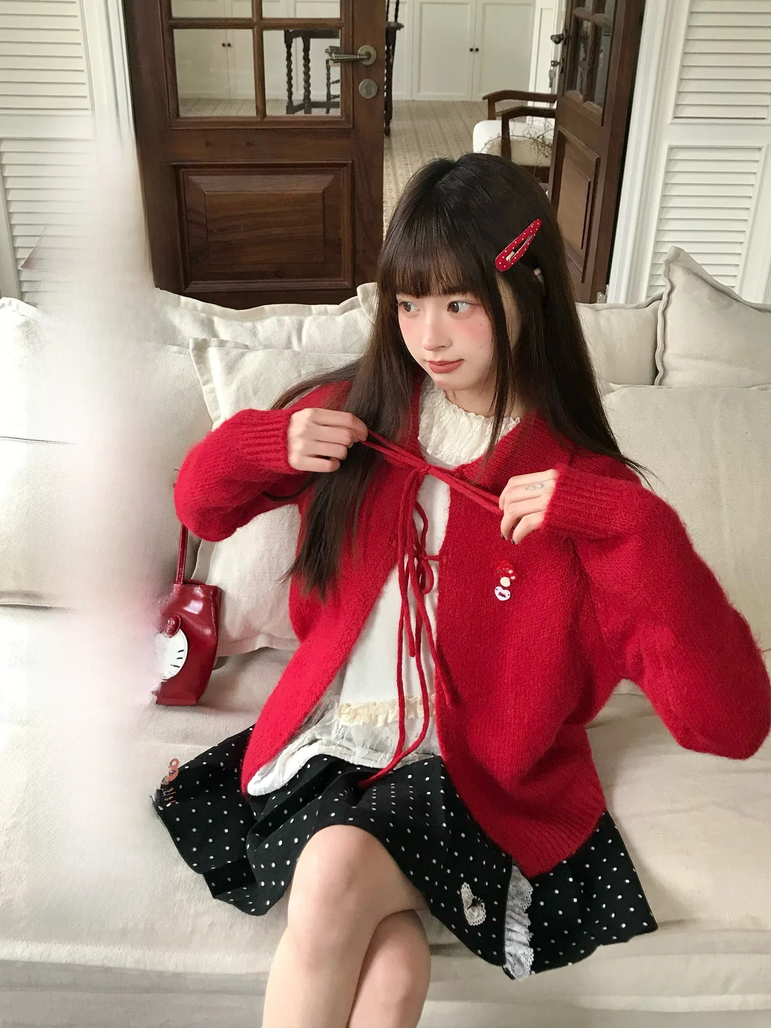 

Новинка! Красный вязаный кардиган BibiBency с мультяшным принтом, длинными рукавами, женский свитер-жакет для весенней моды.