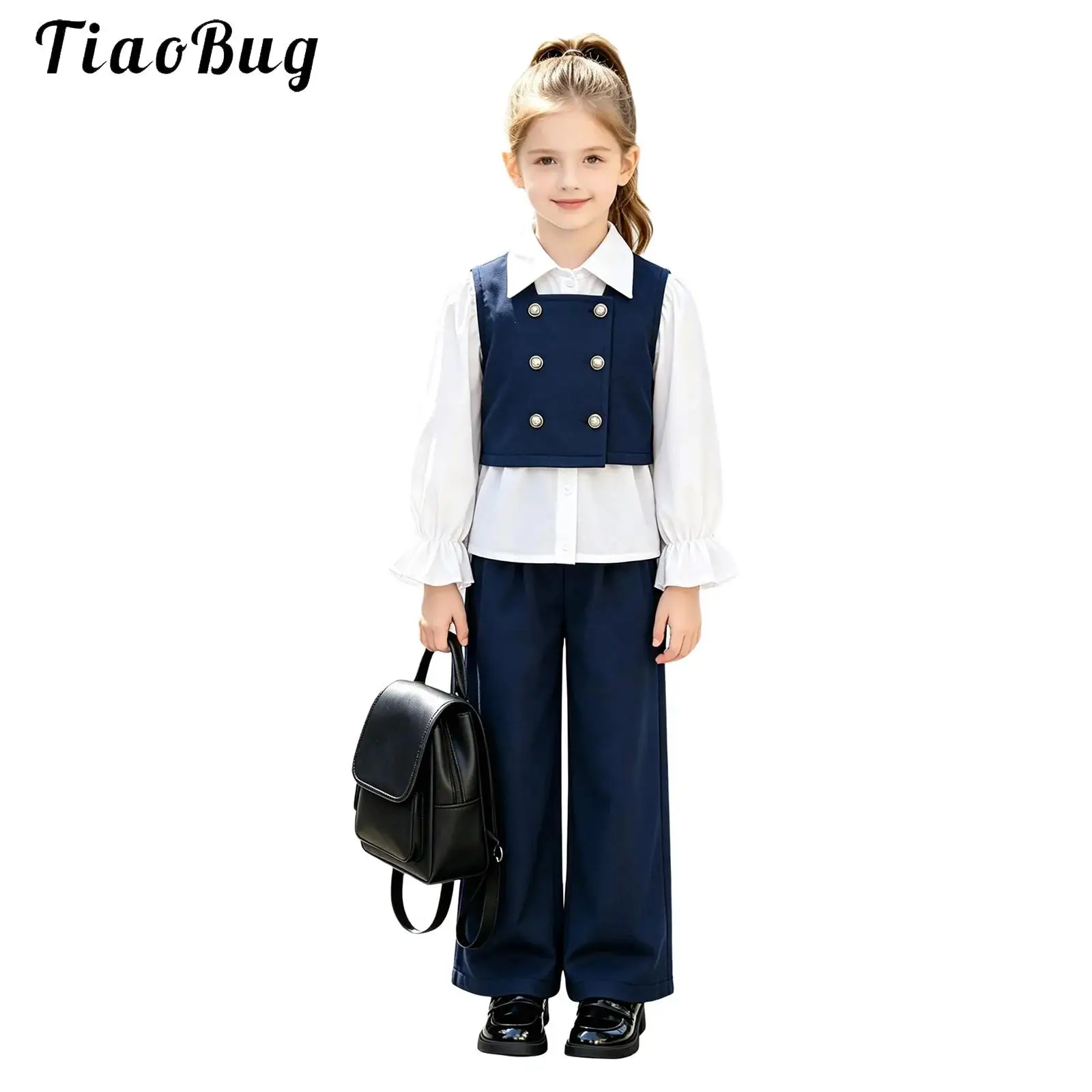 Children's School Formal Party Set Kids Girls Long-sleeve Ruffled Cuffs Shirt with Vest Pants for Graduation Ceremony Birthday